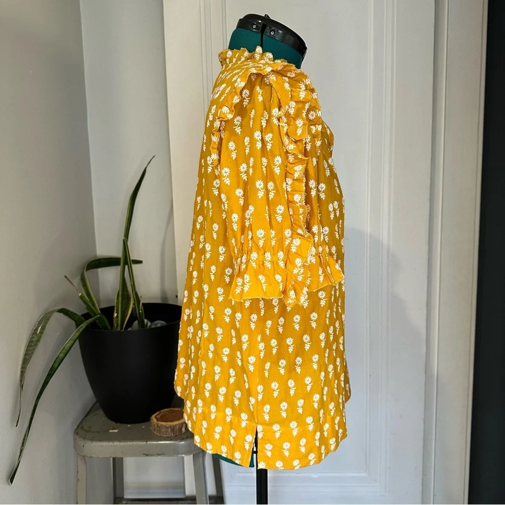 J. Crew Mustard Yellow Floral Tie-Neck Ruffle Sleeve Blouse - Picture 3 of 9